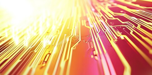 Set among a galaxy of light spots, a microchip with a mesmerizing glow rests on an electronic computer circuit board, recreating a dreamy, retro neon city