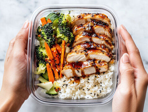 Classic Chicken Caesar Salad with crispy croutons and dressing, the container has dividers with the salad in one section and the chicken in another.
