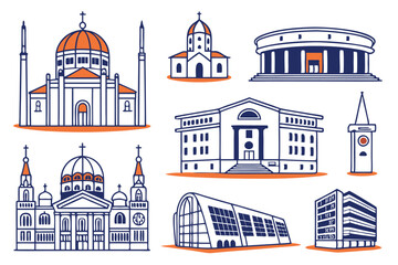 Building icons, architecture symbols, urban structures, geometric shapes, blue and orange color scheme, simplified designs, city landmarks, public institutions, residential buildings, commercial st