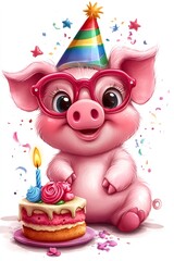 Naklejka premium Adorable piglet sporting glasses, party hat, gleefully celebrating birthday with tiny cake, scattered confetti