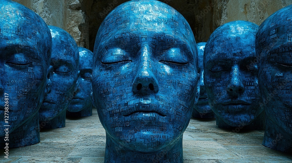 Poster a vibrant assembly of bluehued heads displaying unique expressions and personalities