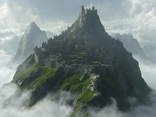 Majestic ancient castle perched atop a verdant mountain peak shrouded in ethereal mist and cloud