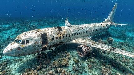 Obraz premium Airplane wreckage resting on ocean floor surrounded by vibrant marine life in deep water