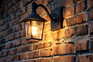 The brick wall of a university or college outdoor walkway is adorned with a vintage style night lighting lamp for decoration
