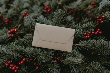 A blank card and envelope are shown from above, resting on fir branches and berries