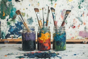 An artist's creative space is marked by multicolored plastic cans of paint, a dirty old paint background, and a palette of colors, all reflective of the art and craft of visual creativity