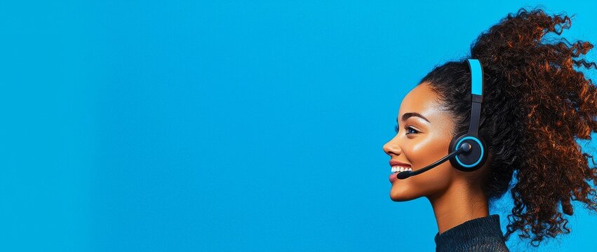 The phone operator, who is smiling and happy, is wearing a headset at their workstation