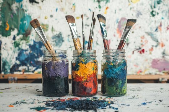 An artist's creative space is marked by multicolored plastic cans of paint, a dirty old paint background, and a palette of colors, all reflective of the art and craft of visual creativity