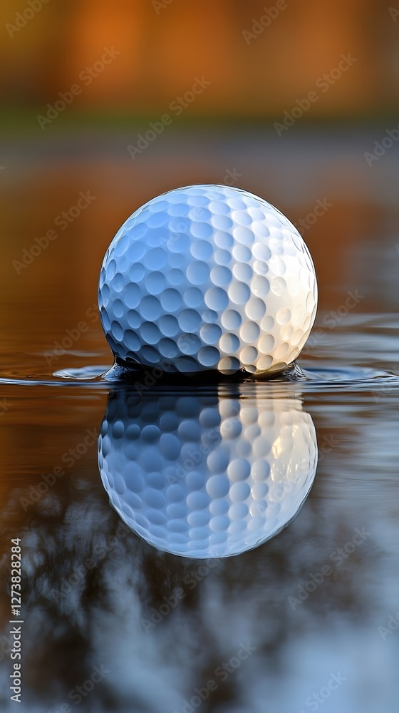 Aufkleber golf ball resting on water surface creating a perfect reflection in soft light and blurred backgroun