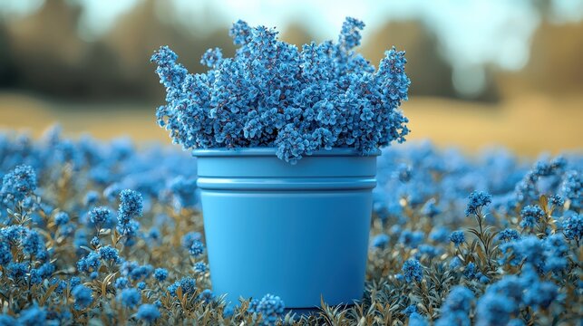 A stunning blue flower pot nestled amongst a beautiful field of bright blue flowers in bloom