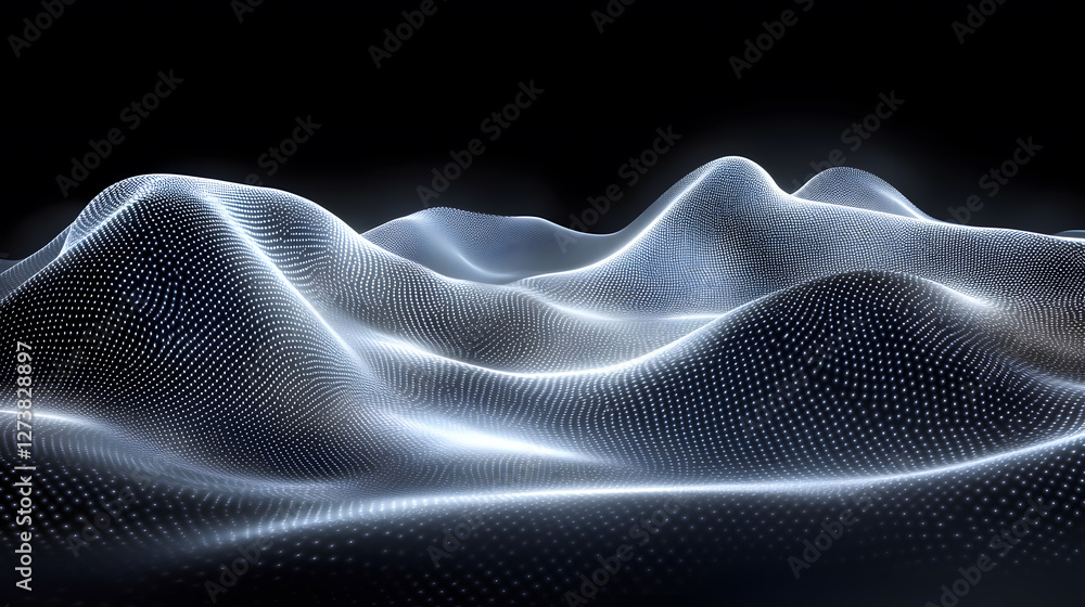 Poster Abstract digital waves with glowing particles on a dark background