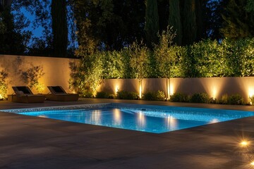 Soft mood lighting on a romantic evening casts a warm glow and shadows onto a tranquil setting situated near the pool, within a luxury home that boasts some of the most stunning landscaped gardens