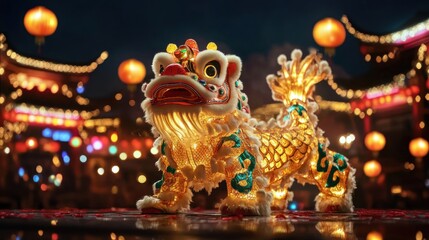 Fototapeta premium Illuminated Lion Dance Costume During Festive Celebration