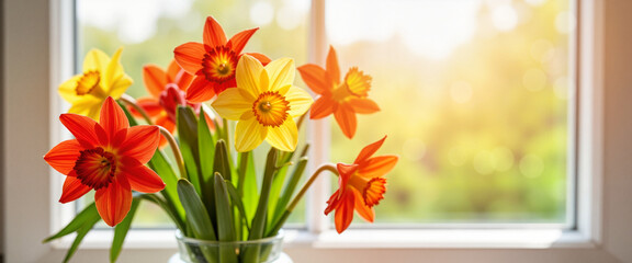Vivid daffodils in glass vase on sunny windowsill, celebrating spring