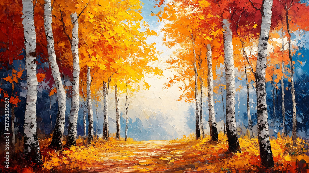 Poster vibrant autumn landscape with colorful trees and a serene path