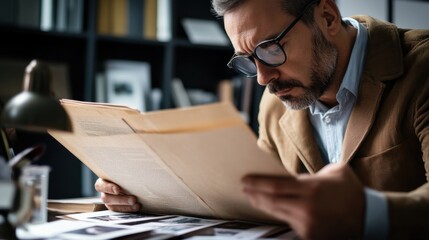 Detective reviewing a case file in a quiet office. Featuring analysis and contemplation