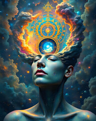 The person's aura glows with vibrant neon light, blending dreamlike fantasy with hyperrealism.