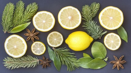 Overhead Flat Lay Display of Yellow Lemons with Green Pine Branches and Star Anise on Dark Gray Surface