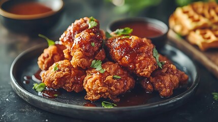 Fototapeta premium Delicious Fried Chicken Wings Glazed with Sauce on a Dark Plate