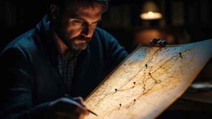 Detective reviewing a map with marked locations of interest. Featuring investigation and deduction