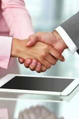 Obraz premium Business professionals are wrapping up a discussion, sealing the deal with a handshake
