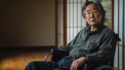 elderly man in wheelchair contemplative pose