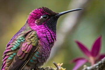 Fototapeta premium Vibrant hummingbird perched near flowers, showcasing colorful plumage