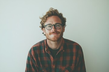 It's always a pleasure to converse with someone intelligent, as seen in an indoor photo of a charming Caucasian man with a wide smile, standing against a gray backdrop while discussing innovative