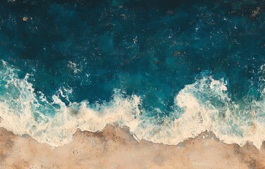 Fototapeta premium An aerial view from above reveals a breathtaking sandy beach with rolling blue waves meeting the shoreline