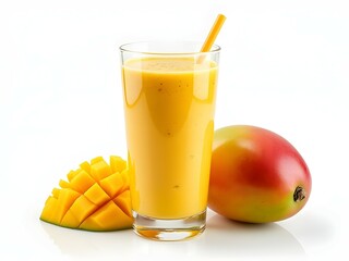Mango smoothie in glass with fresh mango fruit on white background, tropical drink