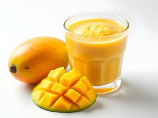 Mango smoothie in glass with fresh mango fruit on white background, tropical drink