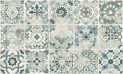 Majolica azulejos tiles patchwork wallpaper vector seamless pattern for fabric placemat rug carpet pillow tablecloth grunge effect in separate layers