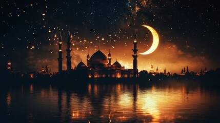 Obraz premium mosque with a night sky filled with stars. Ramadhan landscape
