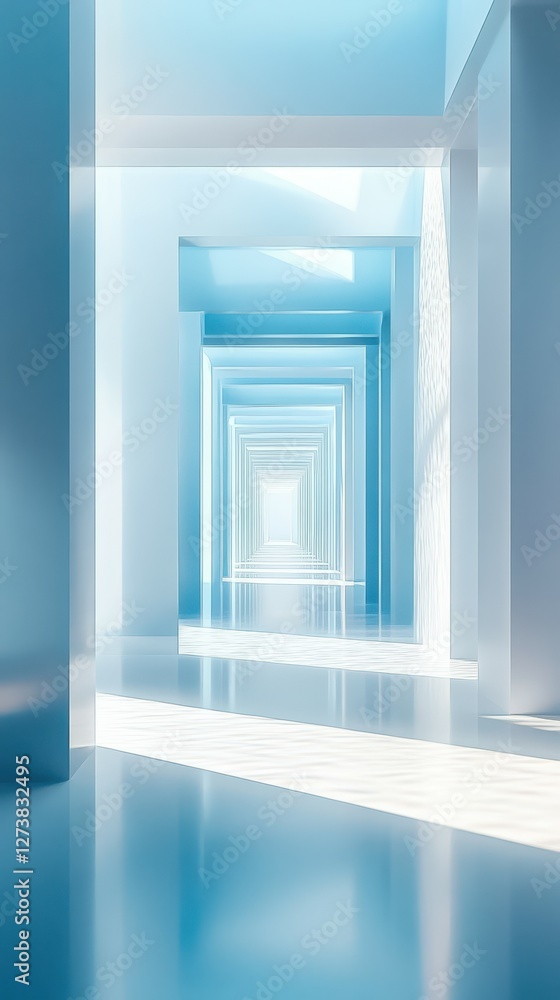 Poster light-filled corridor with blue walls and reflective floors creating an illusion of depth and tranqu