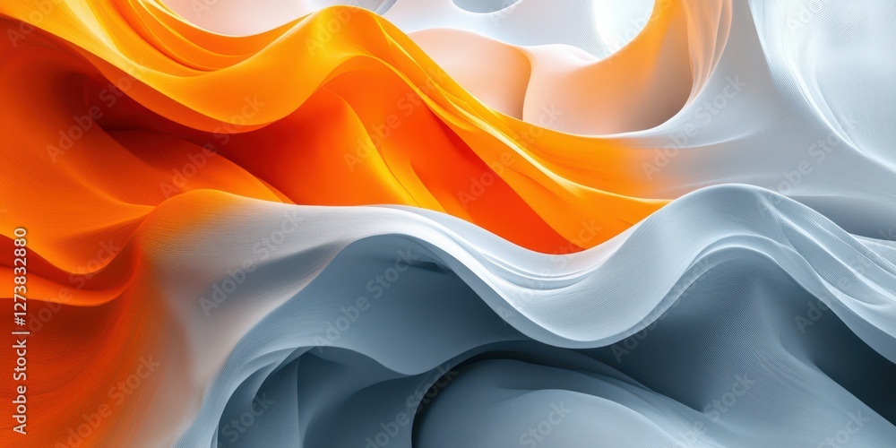 Poster flowing fabric in vibrant orange and soft gray waves creates an artistic display of texture and move