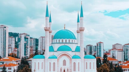 Naklejka premium Majestic Mosque with Turquoise Dome and Minarets in Urban Landscape