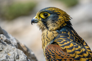 stunning bird of prey with striking yellow and black feathers, showcasing its profile