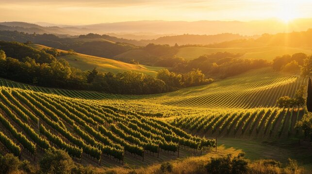 Sunrise over Tuscany vineyards; scenic landscape; tranquil morning; perfect for travel, nature, or tourism brochures