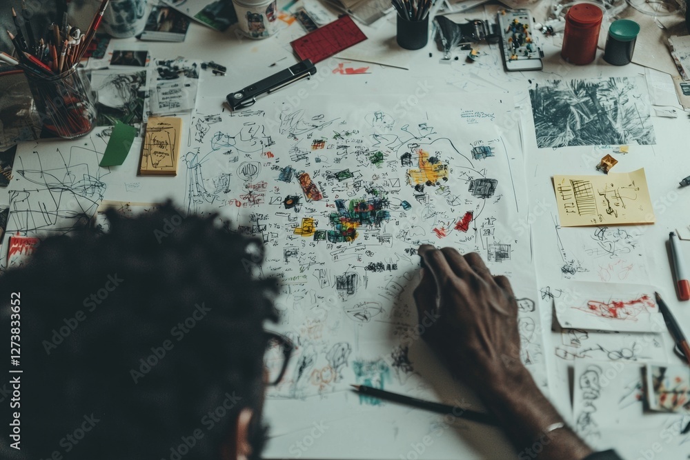 Poster a graphic designer's hand is shown in closeup while working on a wireframe application design in an 