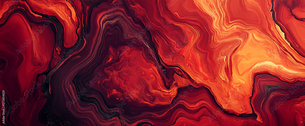 Poster abstract swirling fluid patterns in fiery red and orange tones, resembling flowing molten lava, show