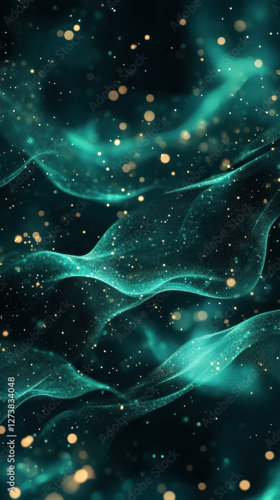 Poster swirling emerald waves with shimmering golden particles create a mesmerizing abstract pattern in a d