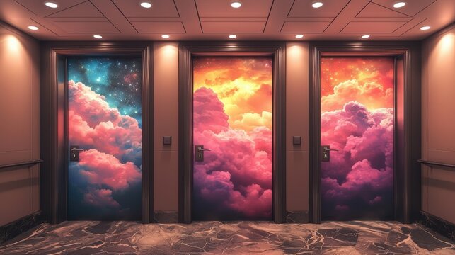 Colorful artistic elevators decorated with playful clouds bringing life to urban design