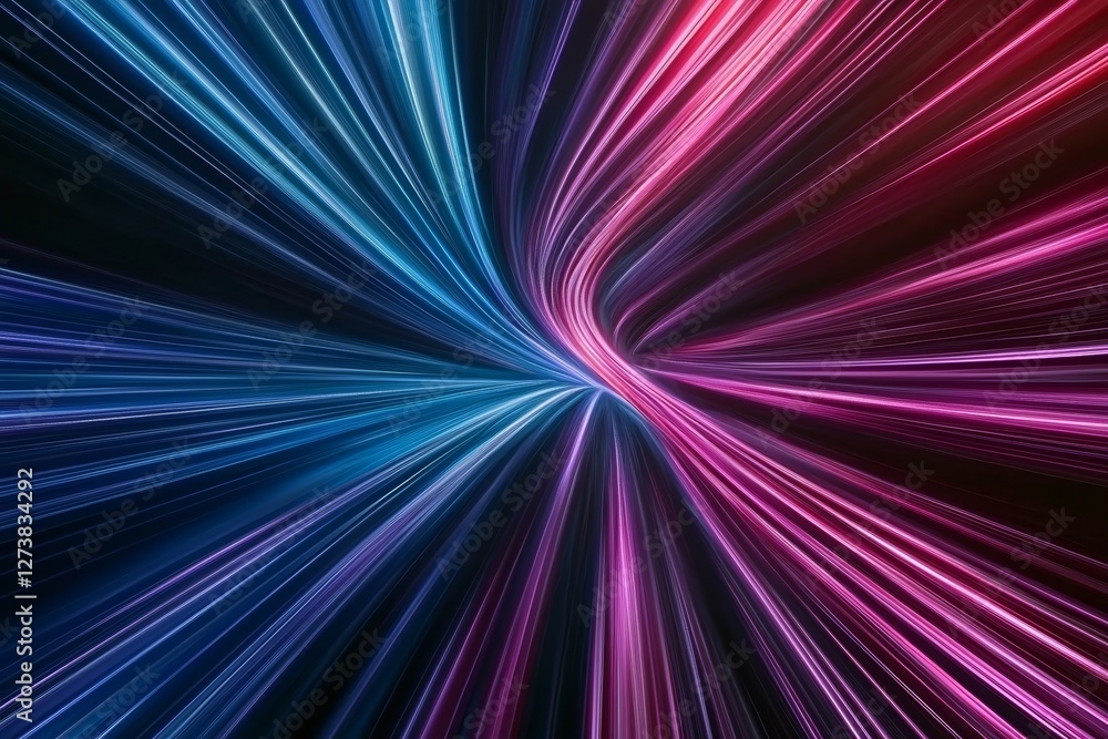 Poster colourful rays with striped patterns move outward from the center of a dark abstract background of l