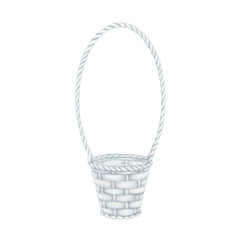 Wicker basket with handle. Light-colored hand-drawn illustration in provence style. Clipart element for scrapbooking, greetings, postcard design.
