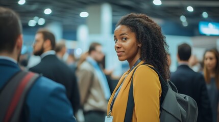 Confident woman looks over shoulder at event.