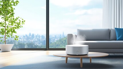 A modern living room with a white humidifier on a wooden table, surrounded by a plant and a view of the city skyline through large windows.