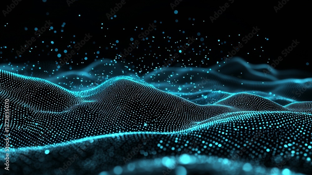 Poster a wave of abstract blue digital particles is set against a light background with bokeh