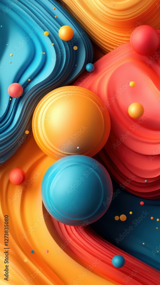 Poster colorful abstract design featuring vibrant shapes and flowing patterns with various spherical elemen