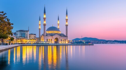 Fototapeta premium Serene Sunset Over Mosque Reflections at a Vibrant Waterfront