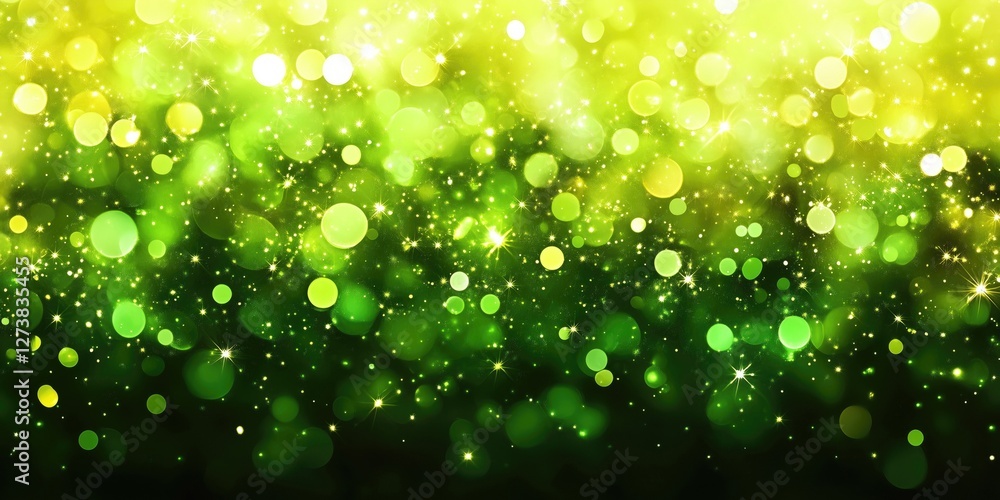 Poster a vibrant abstract background featuring shimmering green lights and bokeh effects, creating a magica